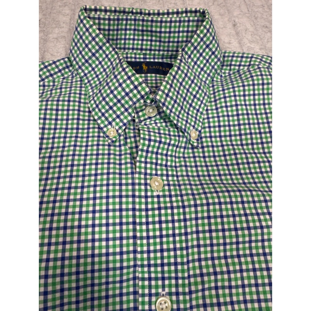 Ralph Lauren Mens Gingham Button‎ Down Shirt Green Navy Blue Check Size Medium